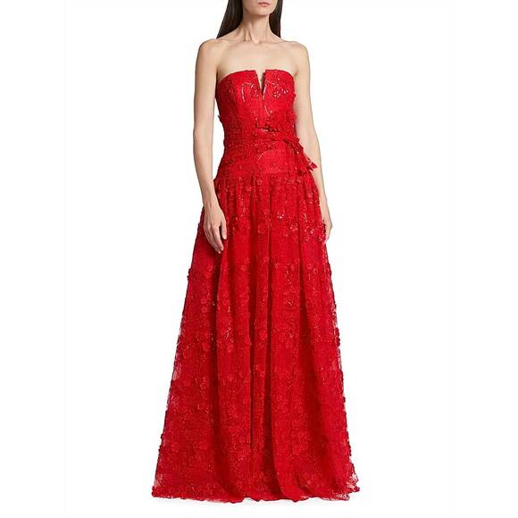 NEW MONIQUE LHUILLIER celia sequin floral strapless tie front tulle gown in roug - Picture 2 of 4